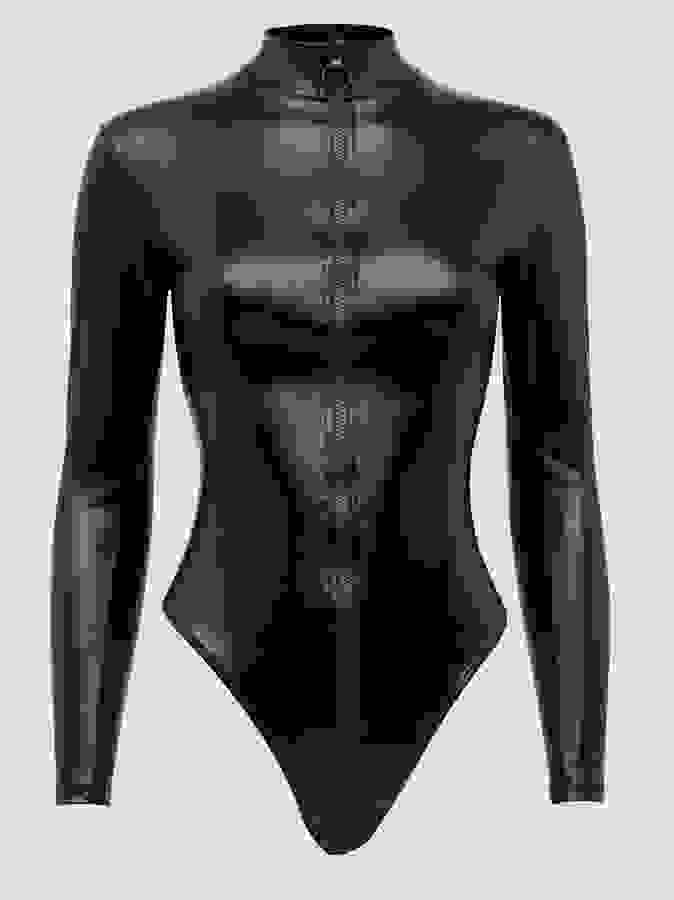 Lovehoney Plus Size Fierce Wet Look Long Sleeve Zip-Around Body, Black, hi-res